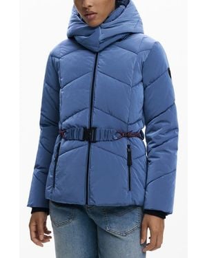 Desigual Quilted Puffer Coat With Removable Hood - Blue
