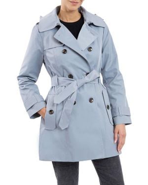 London Fog Hooded Double Breasted Cotton Blend Trench Coat - Blue