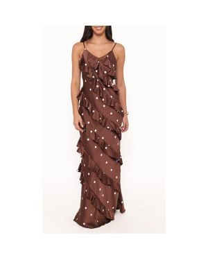 Petal & Pup Ciao Floral Ruffle Satin Maxi Dress - Brown
