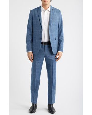 John Varvatos Varick Slim Fit Glen Check Wool & Cotton Blend Suit - Blue