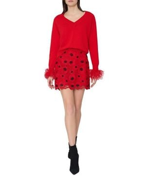 MILLY Feather Cuff V-Neck Sweater - Red