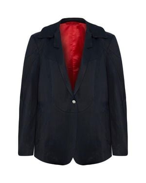 Pcfg Linen & Cotton Blend Shiny Woven Blazer Jacket - Blue