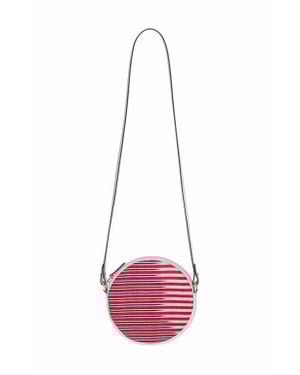 Kai & Vrosi Genuine Leather & Striped Fabric Pattern Crossbody Bag - Pink