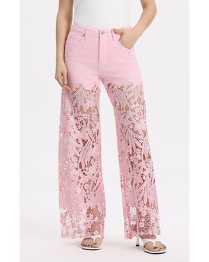 Bayeas High Waist Crystal Embellished Lace Wide Leg Jeans - Pink