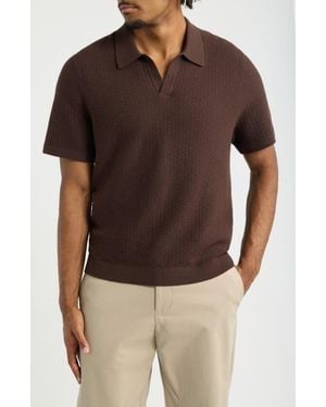 Open Edit Johnny Collar Textured Polo Sweater - Brown