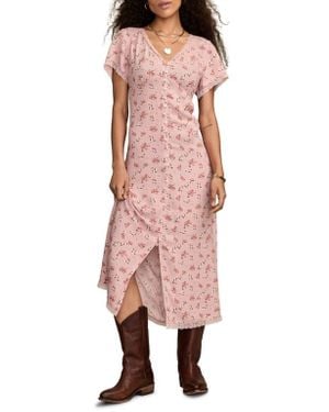 Lucky Brand Simone Floral Lace Trim Midi Dress - Pink