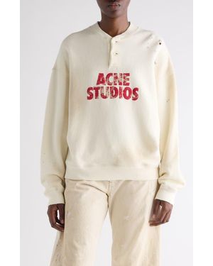 Acne Studios Logo Distressed Cotton Fleece Henley Sweatshirt - Natural