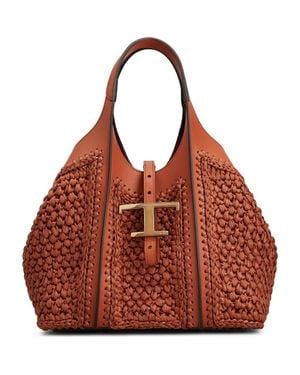 Tod's Mini T Timeless Crochet Raffia & Leather Tote - Red