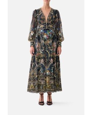 CAMILLA Shaped Waistband Dress With Gathered Sleeves - Green