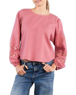 Billy T Floral Embroidery Cotton Blend Poet Top - Red