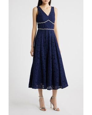 Tahari Faux Pearl & Rhinestone Detail Floral Lace Cocktail Midi Dress - Blue
