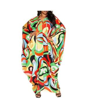 Buxom Couture Geometric Print Long Sleeve Caftan - Green