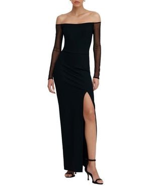 MARCELLA Marian Off The Shoulder Mesh Long Sleeve Gown - Black