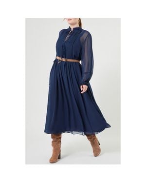 Marina Rinaldi Long Sleeve Pintuck Pleat Silk Georgette Dress - Blue