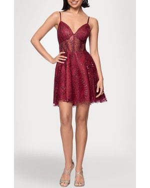 Blondie Nites Glitter Illusion Lace-Up Fit & Flare Dress - Red