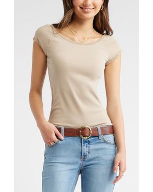 BP. Lace Trim Cotton Blend T-Shirt - Natural