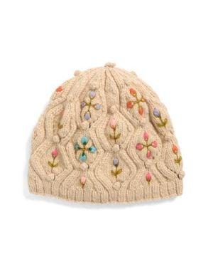 French Knot Tilly Floral Embroidered Wool Knit Hat - Natural