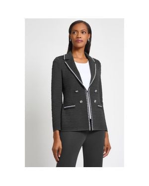 Ming Wang Tailored Fit Contrast Trim Textured Knit Jacket - Gray