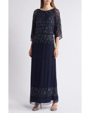 Pisarro Nights Beaded Blouson Split Sleeve Gown - Blue
