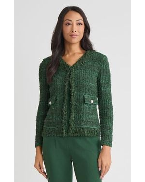Misook Tailored Eyelash Fringe Trim Knit Jacket - Green
