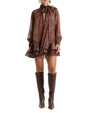 Bardot Adrie Long Sleeve Babydoll Minidress - Brown