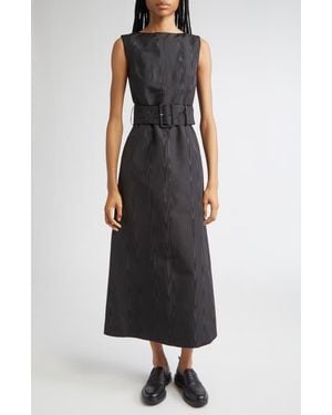 Thom Browne Bateau Neck Silk Moiré Belted Dress - Black