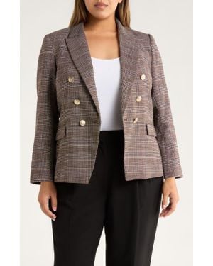 Tahari Plaid Double Breasted Blazer - Gray