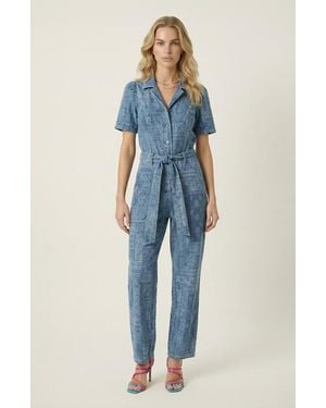 Modenaire Paisley Print Belted Button-Front Jumpsuit - Blue