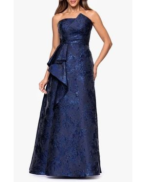 Xscape Evenings Metallic Brocade Asymmetric Strapless Gown - Blue