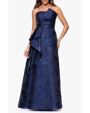 Xscape Evenings Metallic Brocade Asymmetric Strapless Gown - Blue