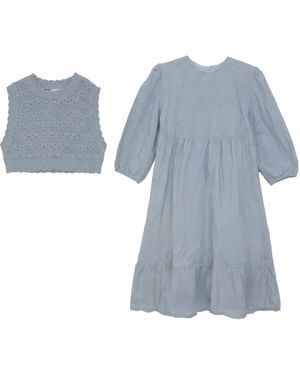 Imagine Embroidered Cotton Scalloped Hem Dress With Vest Set - Blue