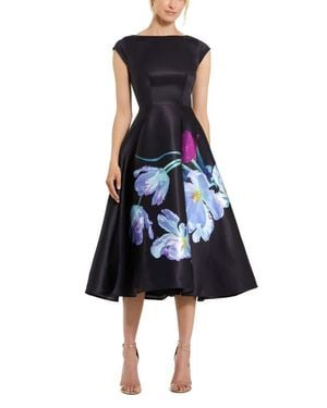 Mac Duggal Petite Satin Cap Sleeve Midi Dress With Floral Print - Blue