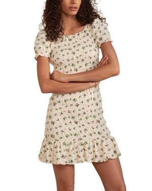 Next Ditsy Print Shirred Puff Sleeve Minidress - Brown