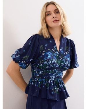 Phase Eight Safa Puff Sleeve Floral Blouse - Blue