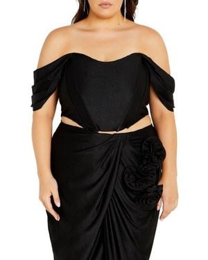 City Chic Fleur Off The Shoulder Crop Top - Black