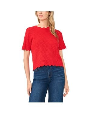 Cece Pointelle Knit Scallop Trim Sweater - Red