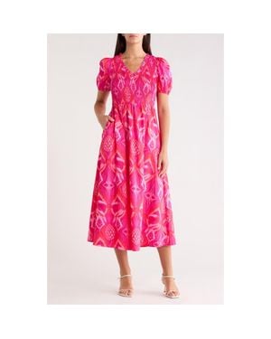 Sugarlips Prissa Ikat Brenty Smocked Midi Dress - Pink