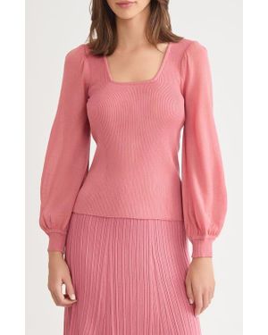 Misook Puff Sleeve Rib Top - Pink