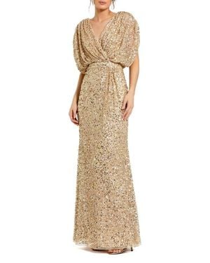 Mac Duggal Petite Sequin Draped Sleeve V-Neck Gown - Natural