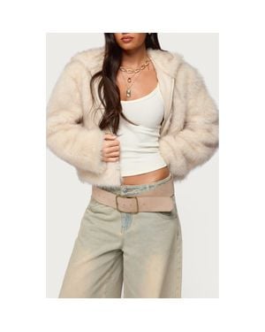 Edikted Beyonca Faux Fur Hooded Crop Jacket - Natural