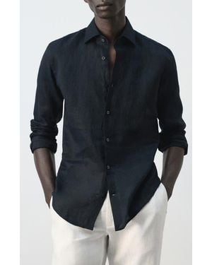 Mango Slim Fit Linen Button-Up Shirt - Blue