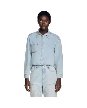 Sandro Rhinestone Cropped Denim Shirt - Blue