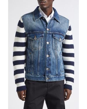 Dolce & Gabbana Mixed Media Stripe Wool & Cotton Denim Cardigan Jacket - Blue