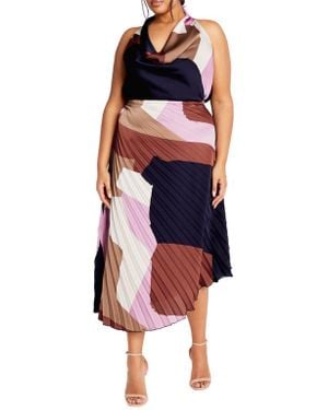 City Chic Amaya Print Pleated Satin Maxi Skirt - Red