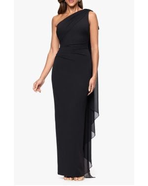 Xscape Evenings Scarf Detail One-Shoulder Scuba Crepe Sheath Gown - Black