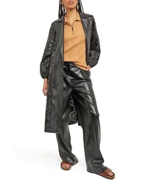 Misook Eyelet Open Front Faux Leather Longline Jacket - Black