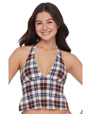 Stevie Adjustable Open Back Tie Halter Tankini Swim Top - Blue