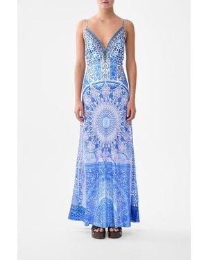 CAMILLA V-Neck Long Bias Slip Dress With Train - Blue