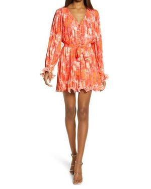 Endless Rose Watercolor Print Pleated Long Sleeve Fit & Flare Dress - Orange