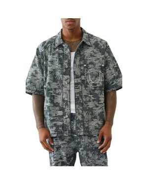 True Religion Super T Oversize Short Sleeve Distressed Denim Button-Up Shirt - Gray